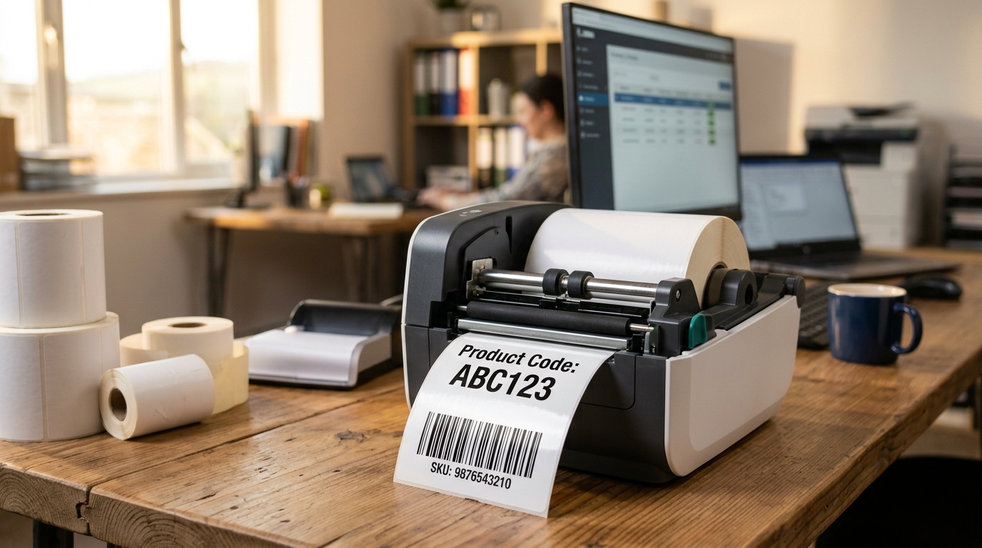 Принтер для наклеек печатает этикетку с штрих-кодом на рулоне самоклеящейся пленки в офисе малого бизнеса