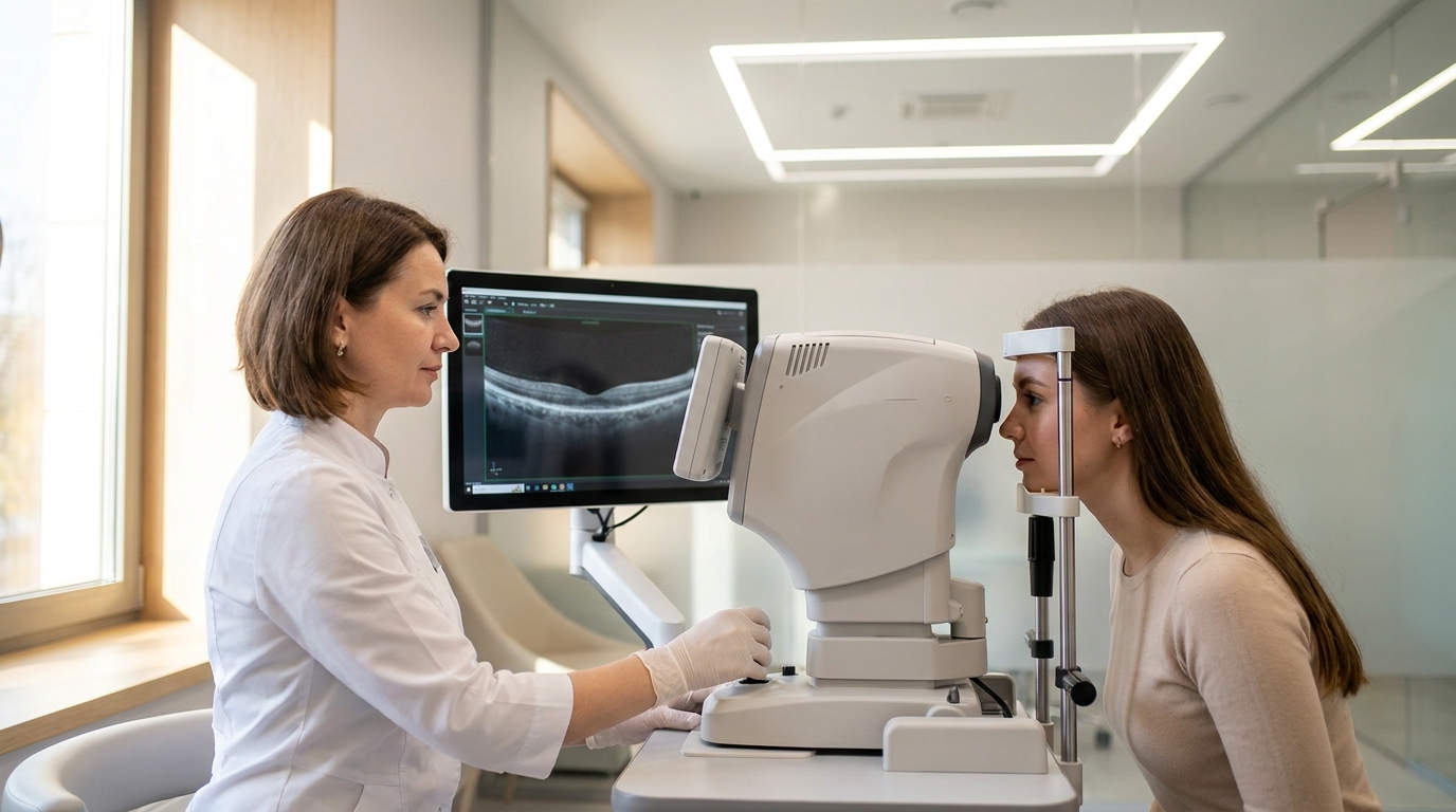 Офтальмолог проводит осмотр глаз пациента в современной клинике Москвы с использованием высокоточного оборудования