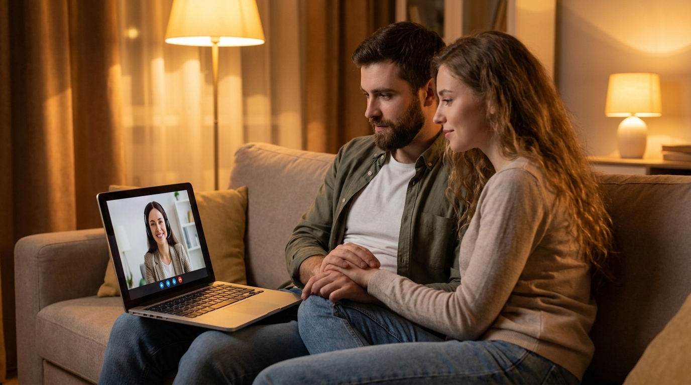Пара за ноутбуком на онлайн-консультации с психологом