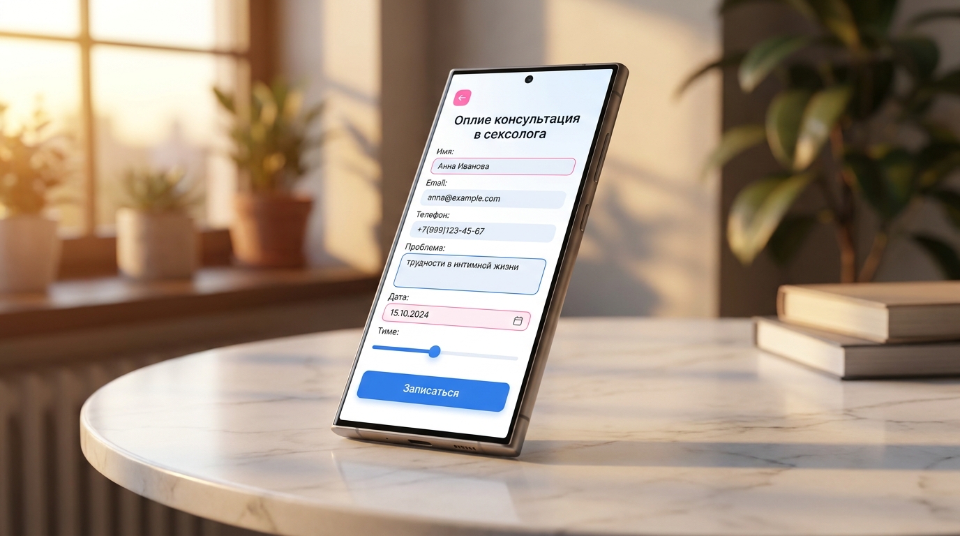 Экран смартфона с анкетой для записи на онлайн-консультацию к сексологу, заполненные поля и кнопка 'Записаться'