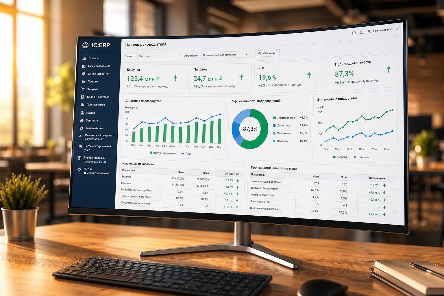 Дашборд 1С:ERP на экране монитора показывает ключевые KPI производства и финансов после миграции