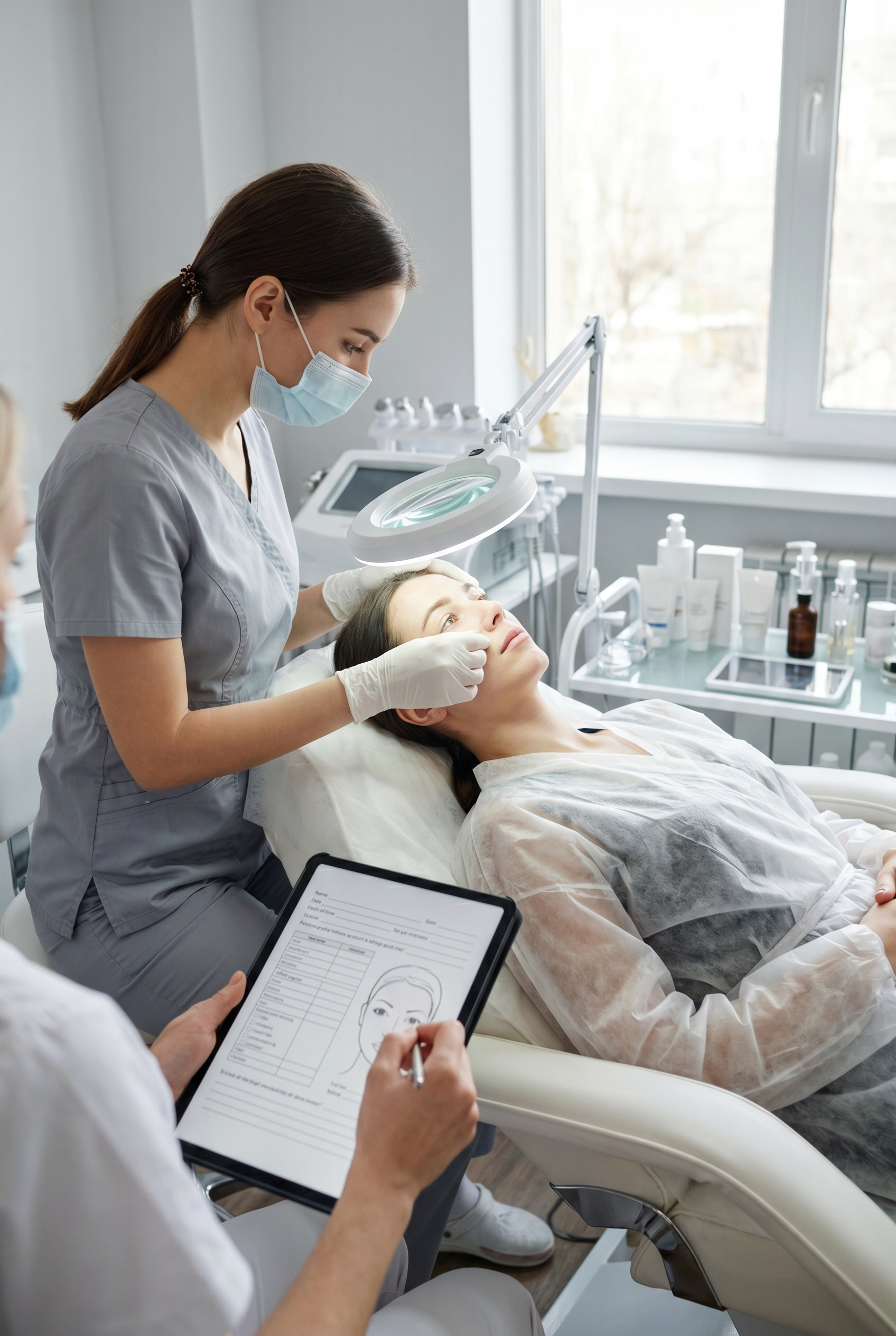 косметолог выбирает вид чистки лица, диагностика кожи, подбор процедуры