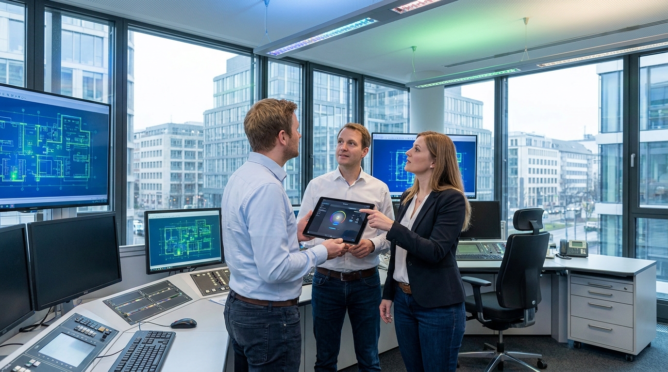 Новые технологии в организации освещения на предприятиях, male specialist at work, modern office or workspace, business casual clothing
