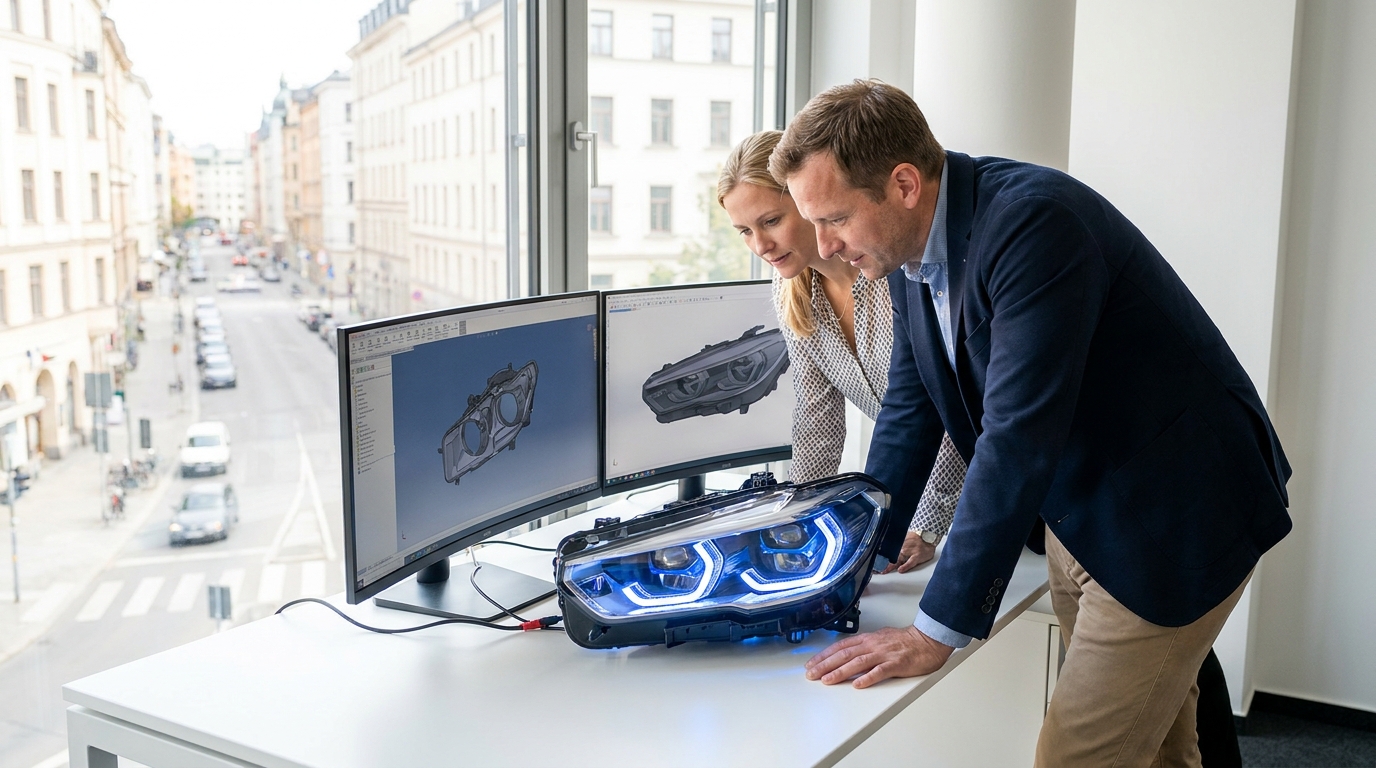 Какие технологии используются в системах освещения автомобиля, male specialist at work, modern office or workspace, business casual clothing