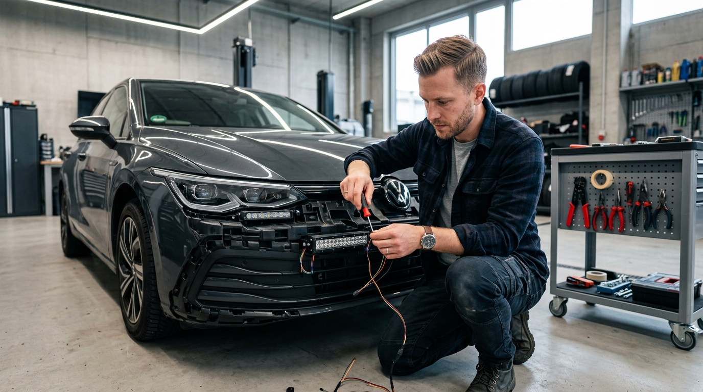 Какие решения используют при установке дополнительного освещения в авто, male specialist at work, modern office or workspace, business casual clothing