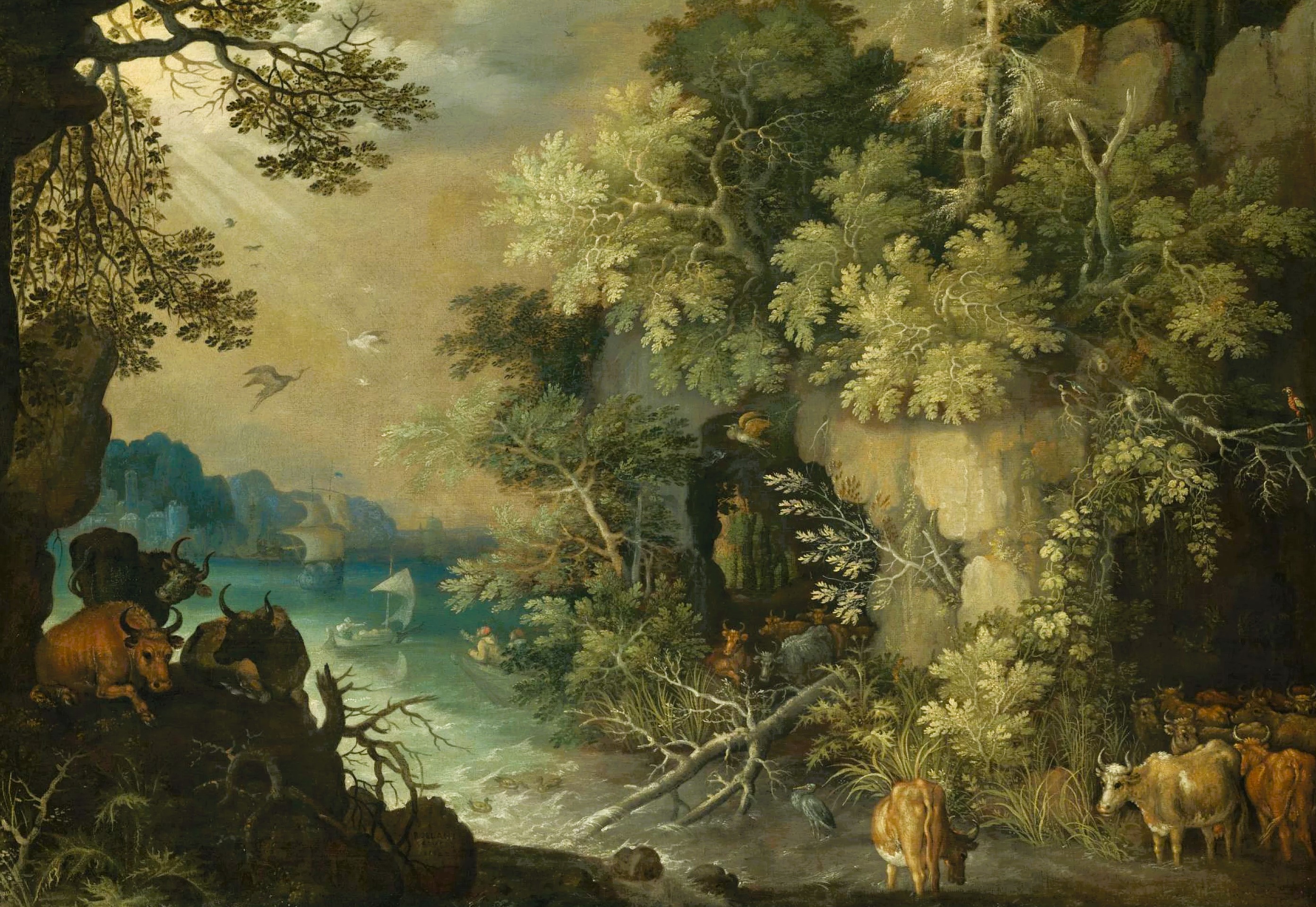 A bosky fluvial landscape with cattle resting and drinking.jpg