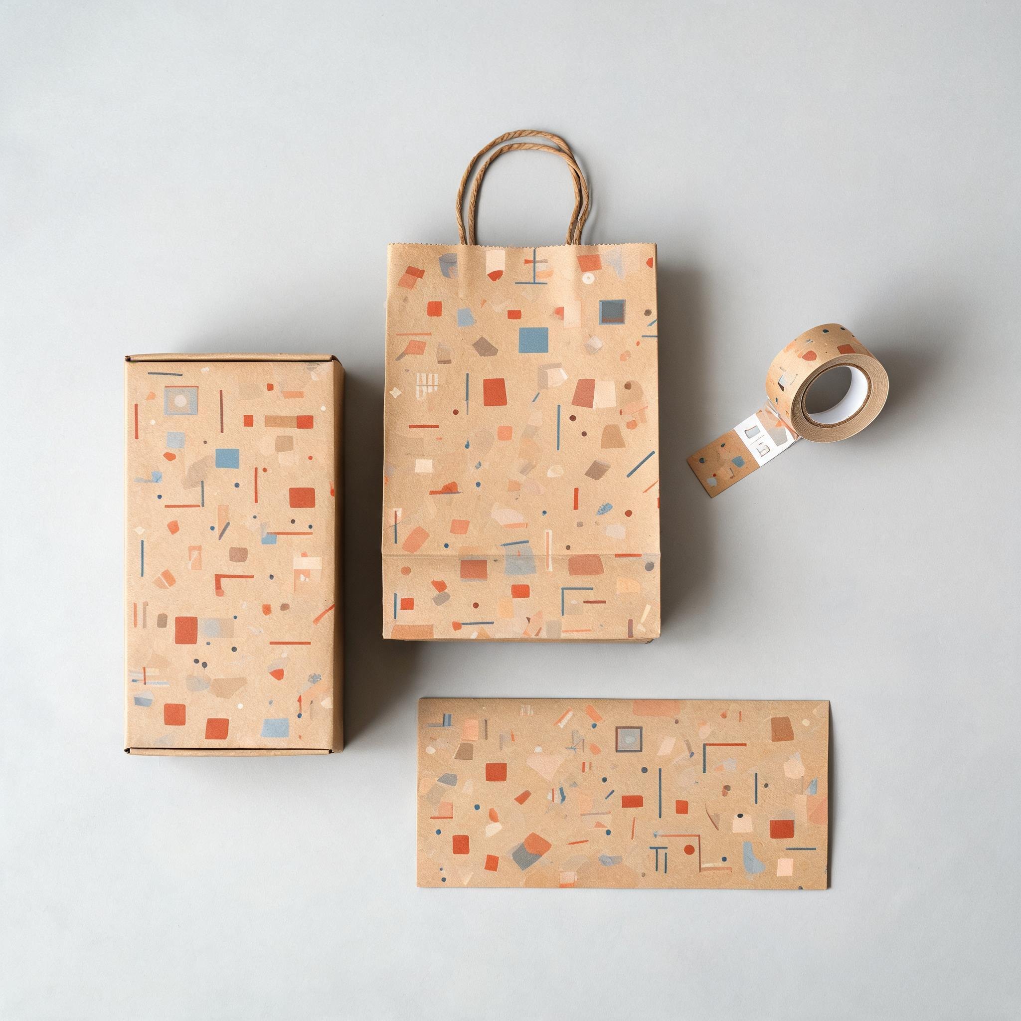 Брендированная упаковка flat lay: коробки, пакеты, этикетки — корпоративный стиль