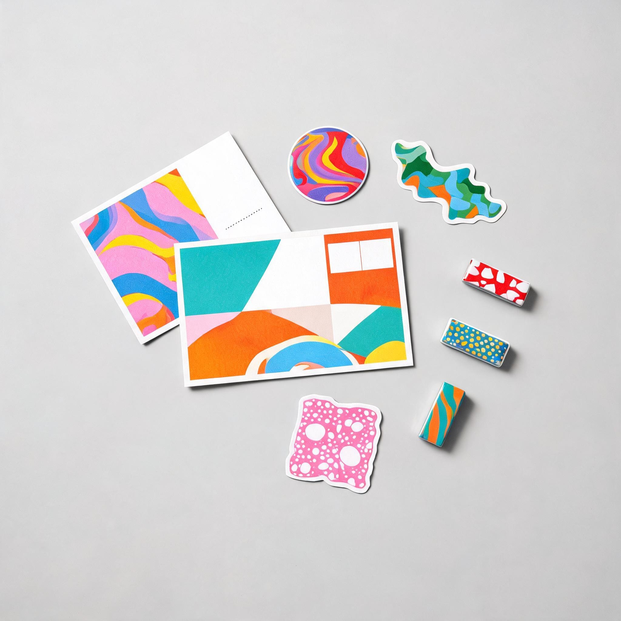 Flat lay: магниты, стикеры и открытки с фирменной символикой — печатная сувенирка для маркетинга