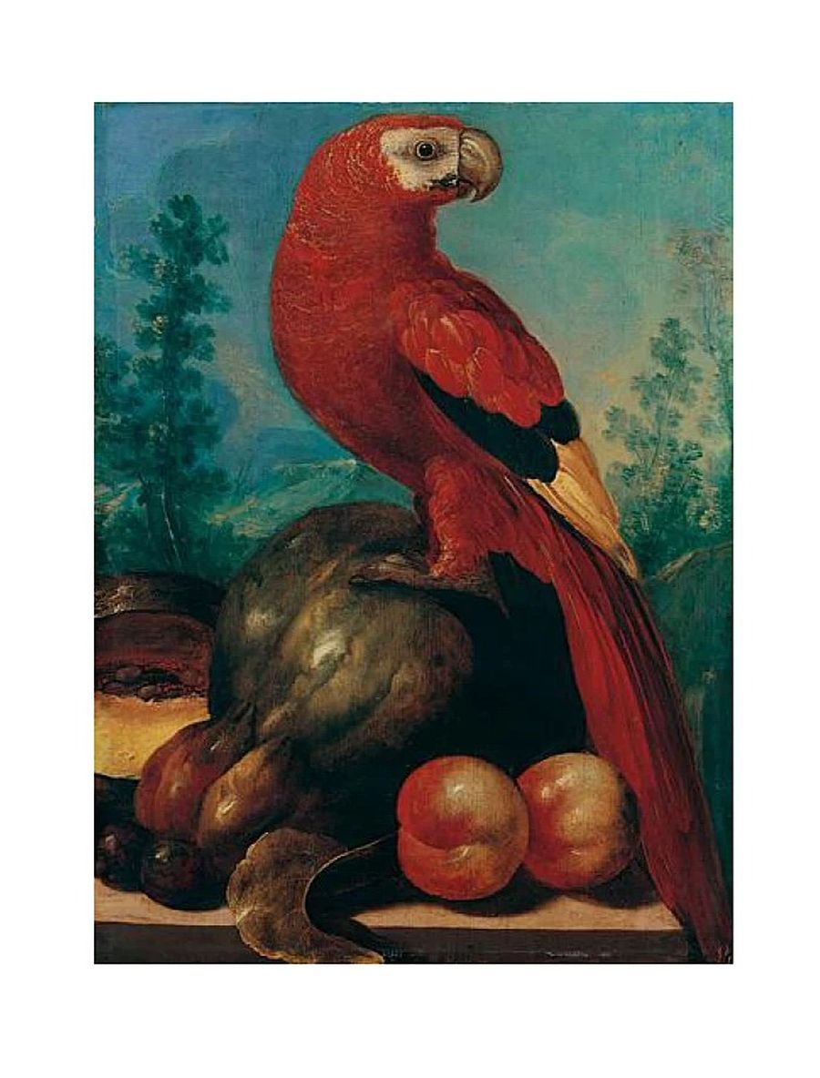 Follower of Roelandt Savery, STILL LIFE OF A MACAW TOGETHER WITH MELONS, PEACHES AND..jpg