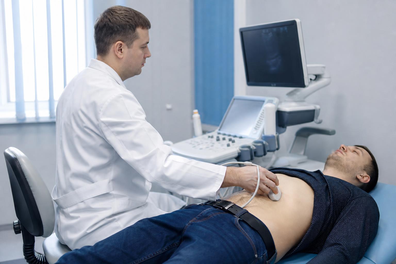 Врач проводит ультразвуковое обследование пациента в урологическом кабинете российской больницы