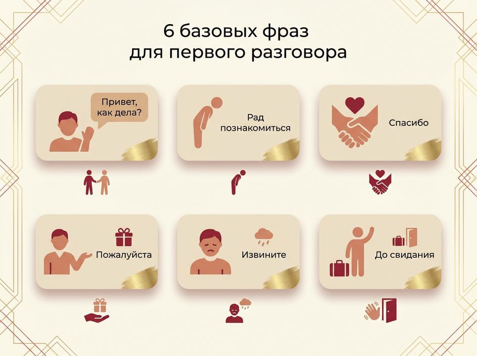 Шесть карточек с базовыми китайскими фразами и иконками