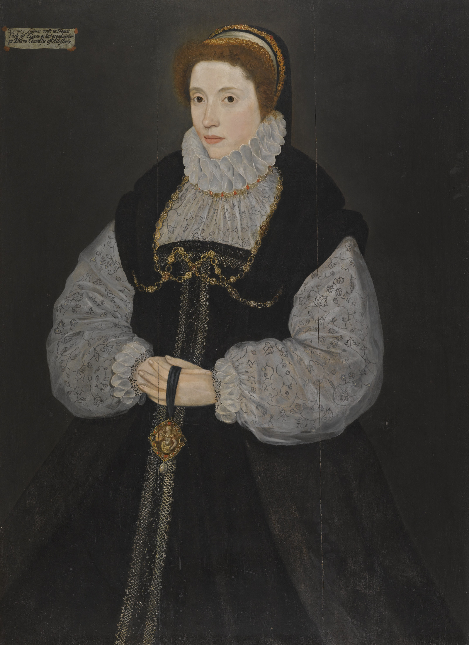 5Master of the Countess of Warwick BRITISH, ACTIVE 1537 - 1599 PORTRAIT OF THE HON. DOROTHY LATIMER, WIFE OF THOMAS CECIL, LATER 1ST EARL OF EXETER HOLDING A PENDANT DEPICTING PERSEUS (1549-1608).jpg