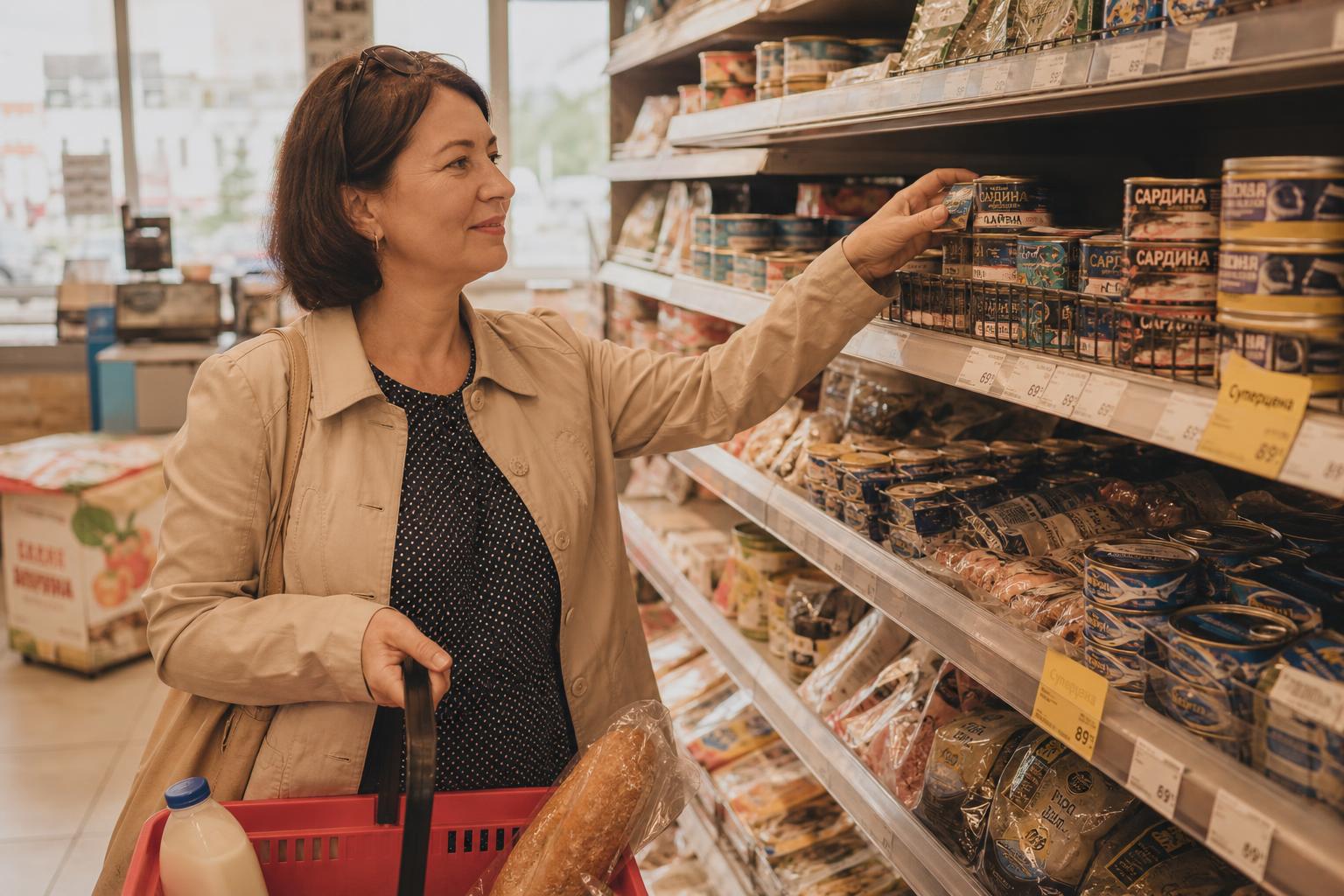 Полки супермаркета с рыбными продуктами и консервами