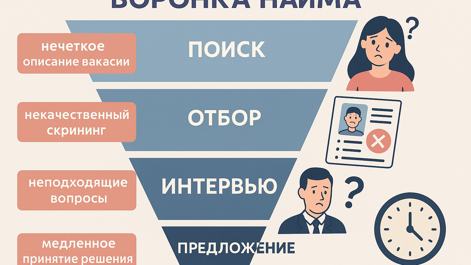 Иллюстрация воронки найма, где на каждом этапе показаны ошибки, которые могут привести к срыву процесса подбора узкого специалиста.