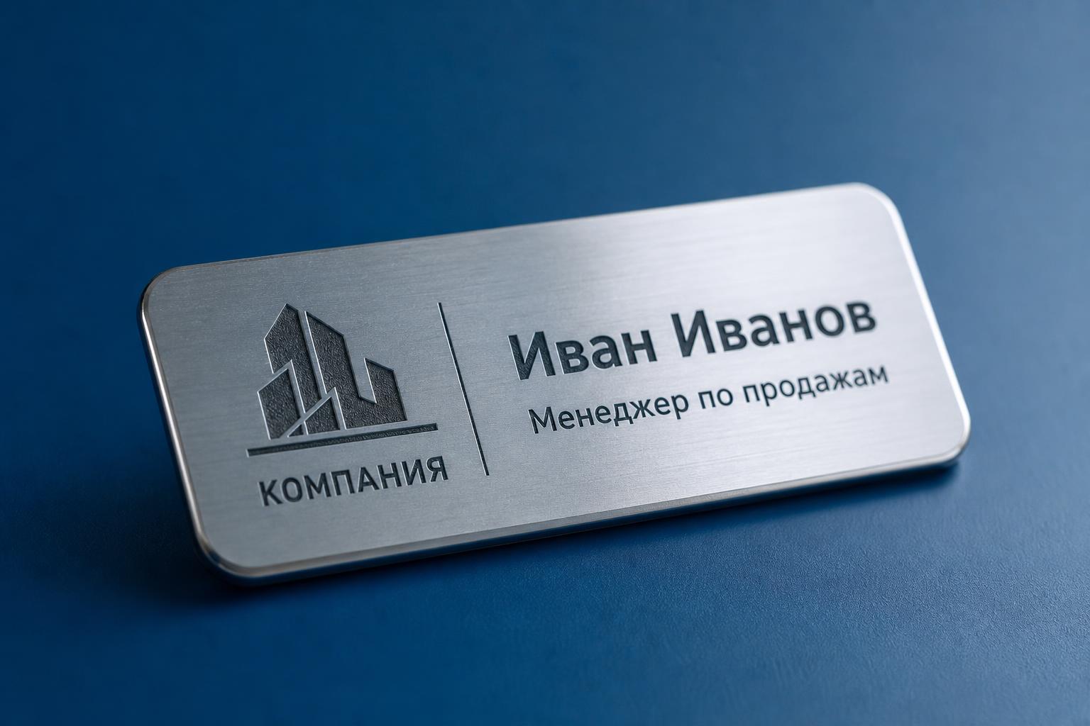 Металлический бейдж прямоугольной формы с гравировкой имени и должности на синем фоне